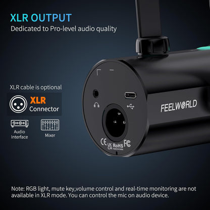 FEELWORLD PM1 XLR USB Dynamic Podcast Microphone with Boom Arm
