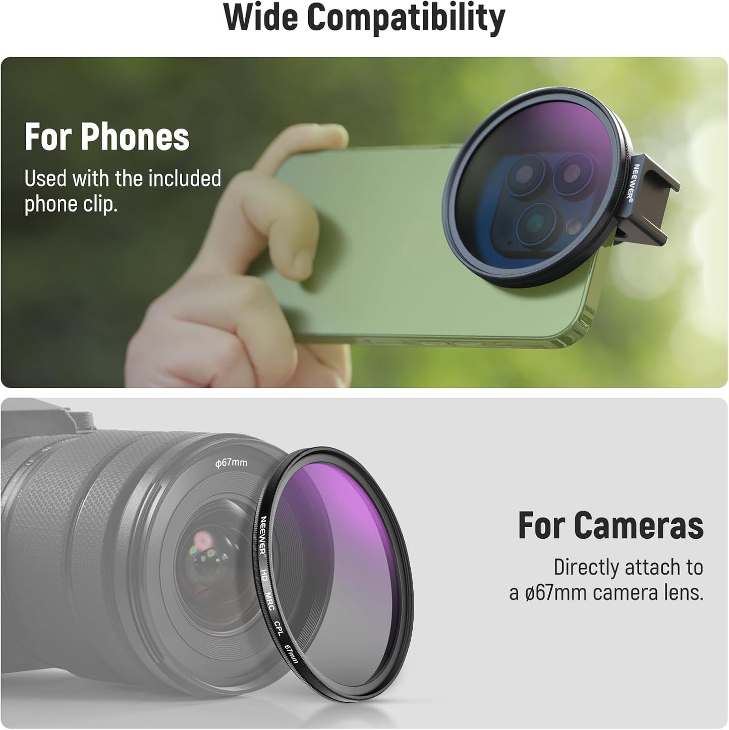 Neewer 67mm CPL Phone Camera Filter Polarizer Kit