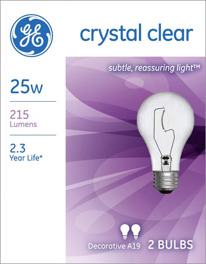 GE 97478 25W Decorative A19 Incandescent Bulb Clear 2-Pack