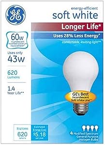 GE 70286 43-Watt A19 Halogen Light Bulbs 4-Pack