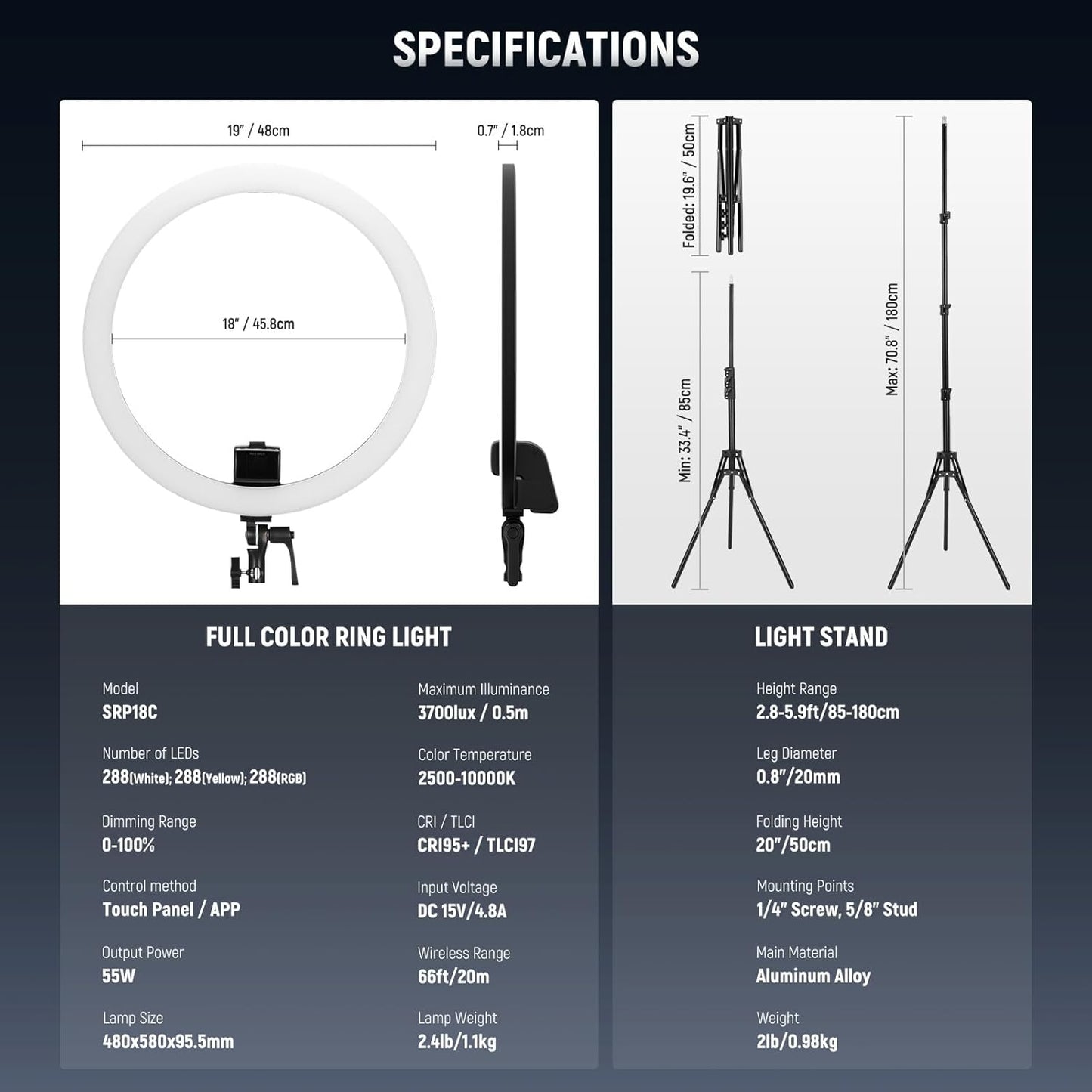 Neewer SRP18C RGB LED Ring Light Kit w/Stand
