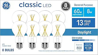 GE 93130844 Classic A19 Daylight Dimmable LED Bulbs (8-Pack) — main product image