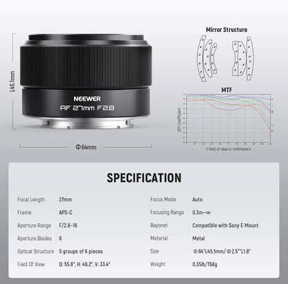 Neewer 10104310 27mm F2.8 APS-C Autofocus Lens Sony E-Mount