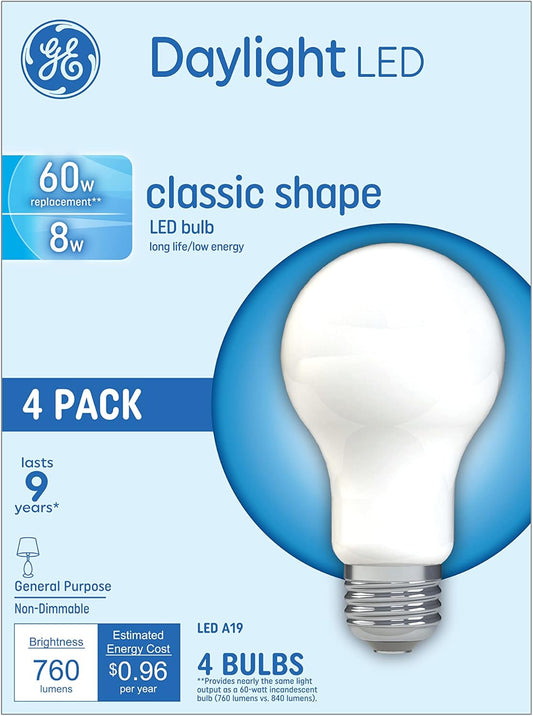 GE 99192 LED A19 Light Bulbs 60W Daylight 4-Pack