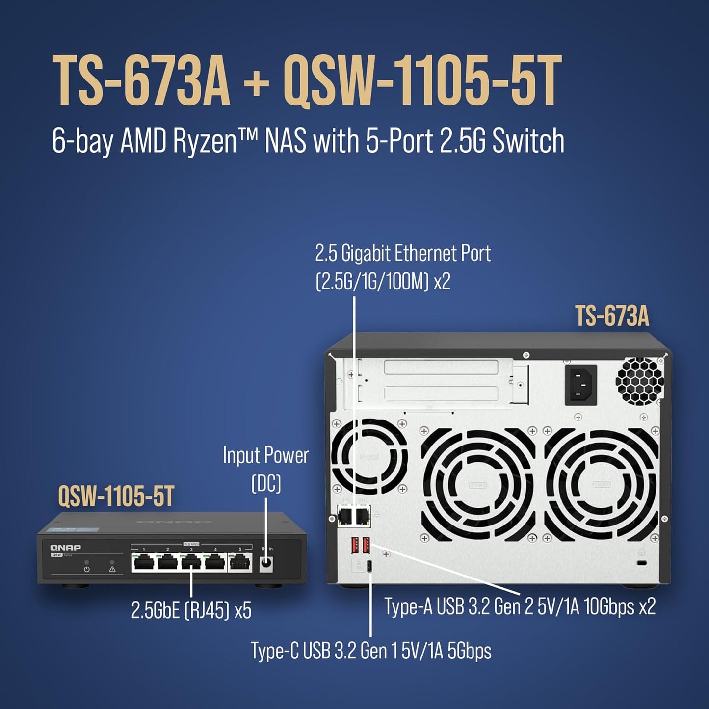 QNAP TS-673A-SW5T 6-Bay NAS AMD Ryzen 2.5GbE Switch
