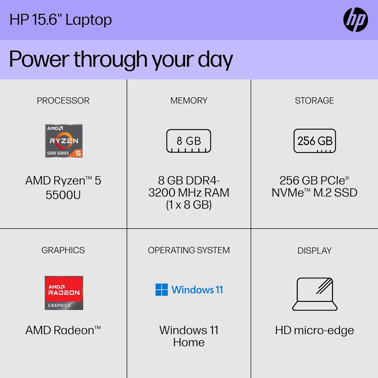HP Ryzen 5 5500U 15" Laptop - 8GB RAM, 256GB SSD, Windows 11 Home - Silver
