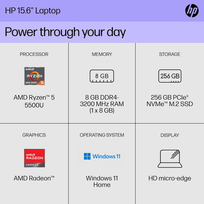 HP Ryzen 5 5500U 15" Laptop - 8GB RAM, 256GB SSD, Windows 11 Home - Silver