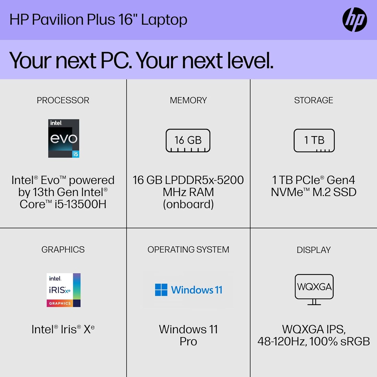HP 16-ab0000nr Pavilion Plus Laptop (i5-13500H, 16GB, 1TB SSD, 16" WQXGA)
