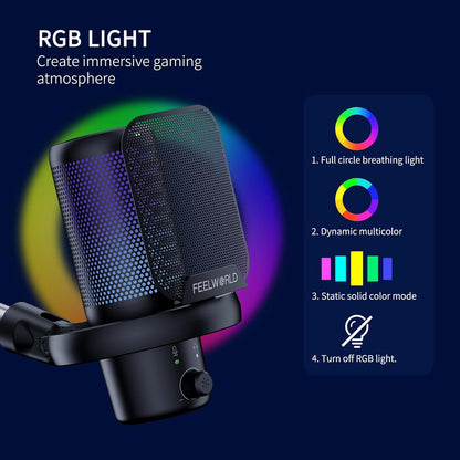 FEELWORLD VM1-AS-OF-JP Gaming Microphone USB Condenser Mic RGB
