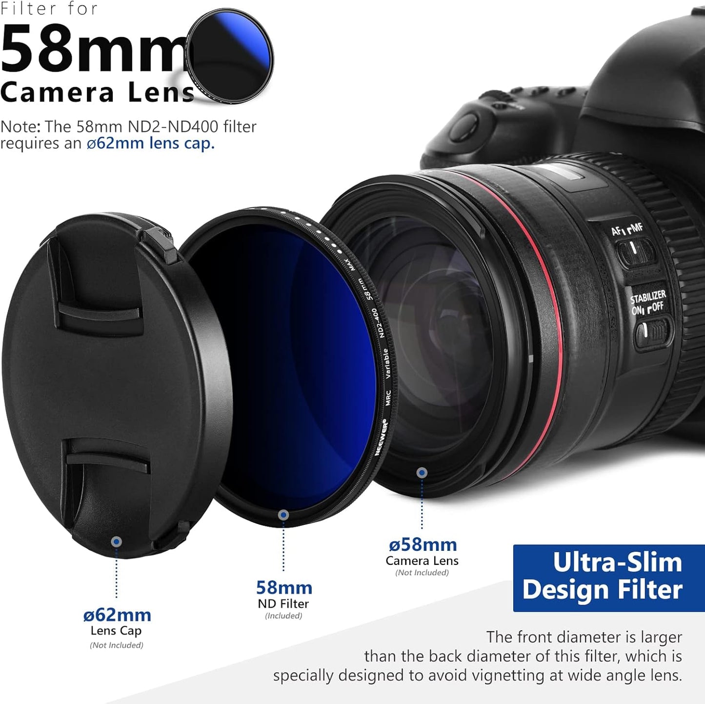 Neewer 10100328 58mm Variable ND2-ND400 Filter