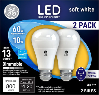 GE 67591 LED 60 Watt Soft White A19 Bulbs 2-Pack