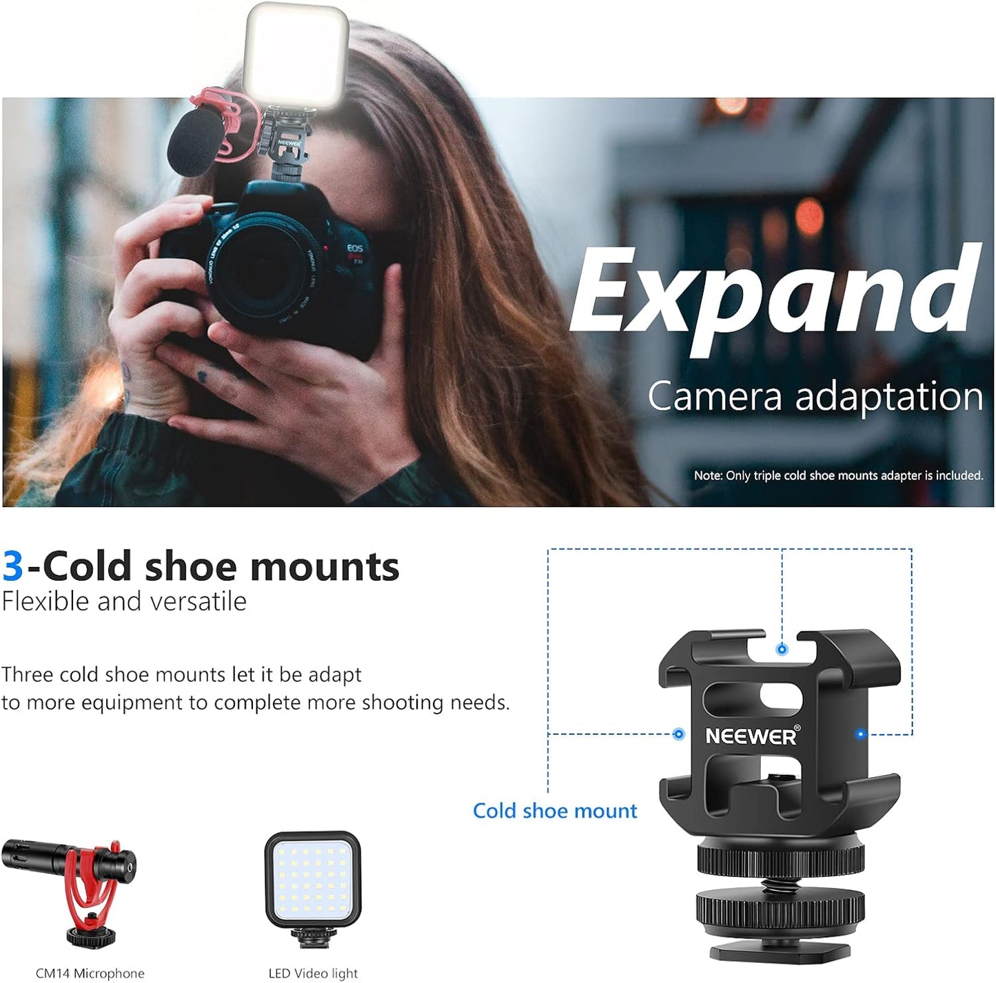 Neewer 10100282 Hot Shoe Mount Adapter with Triple Cold Shoe