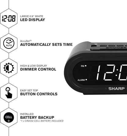 Sharp Digital Alarm AccuSet Clock - Midnight Black, White LED