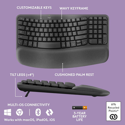Logitech 920-011898 Wave Keys Ergonomic Wireless Keyboard Graphite