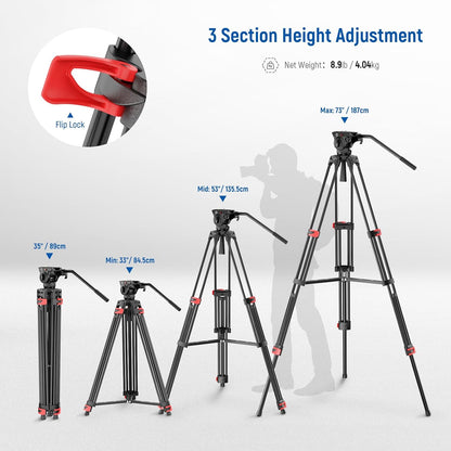 Neewer TP37 74" Video Tripod Fluid Head Metal 17.6lb Load