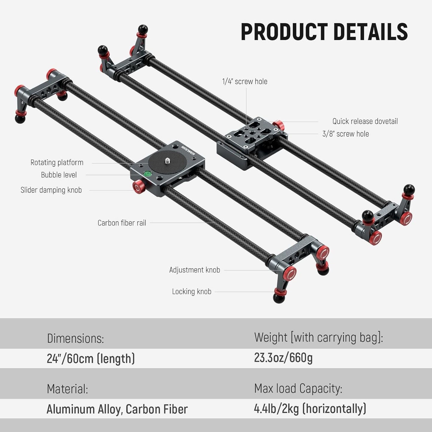 Neewer CS2M 24" Carbon Fiber Camera Slider with Ball Head