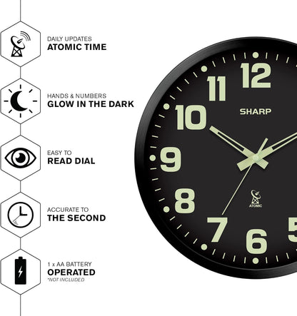 Sharp Atomic Wall Clock, Glow in The Dark, 12 Inch