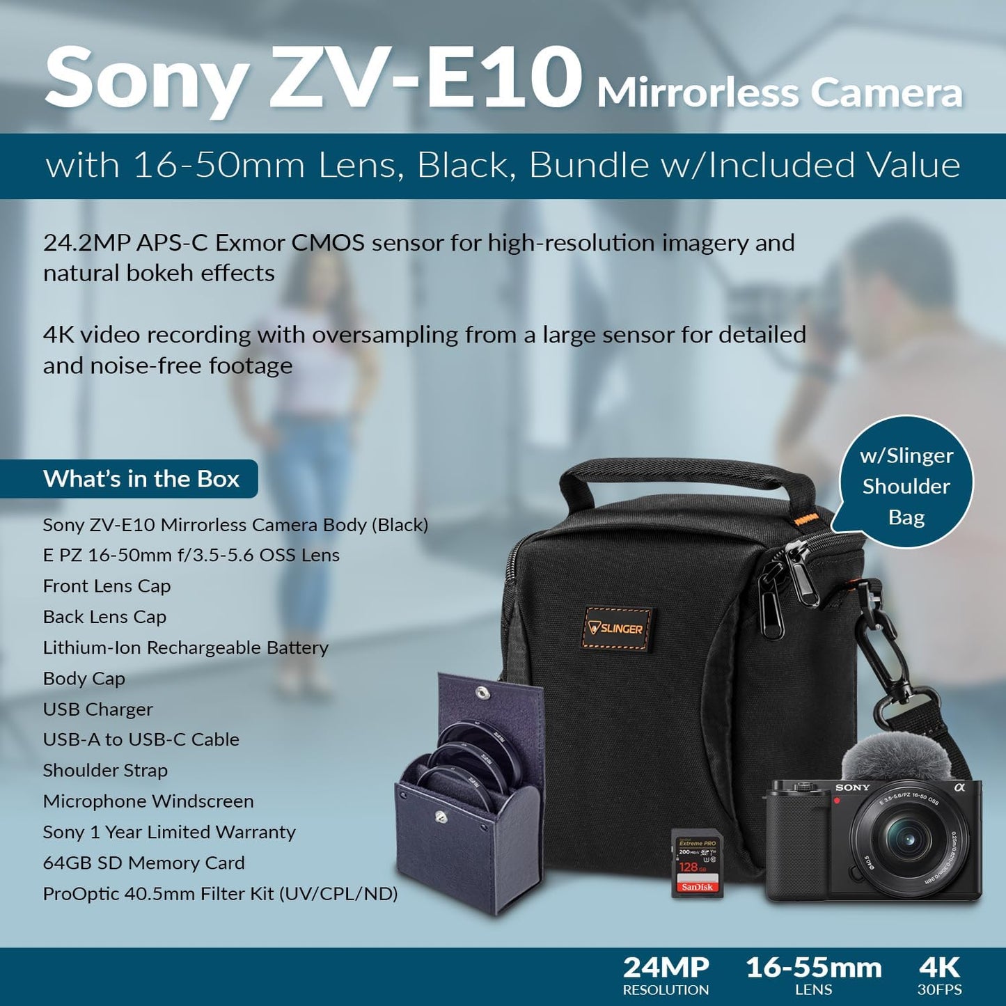 Sony ZV-E10 APS-C Mirrorless Vlogging Camera 16-50mm Lens Bundle