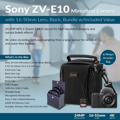 Sony ZV-E10 APS-C Mirrorless Vlogging Camera 16-50mm Lens Bundle