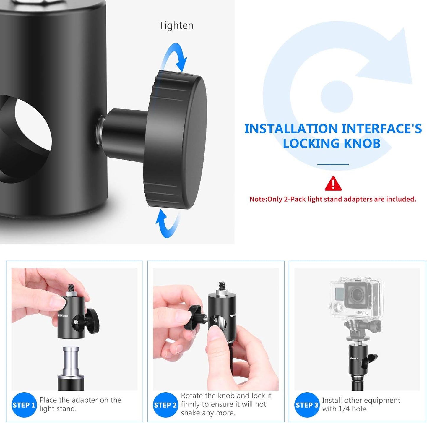 Neewer ST12 Light Stand Adapter: 1/4" Screw, 2-Pack