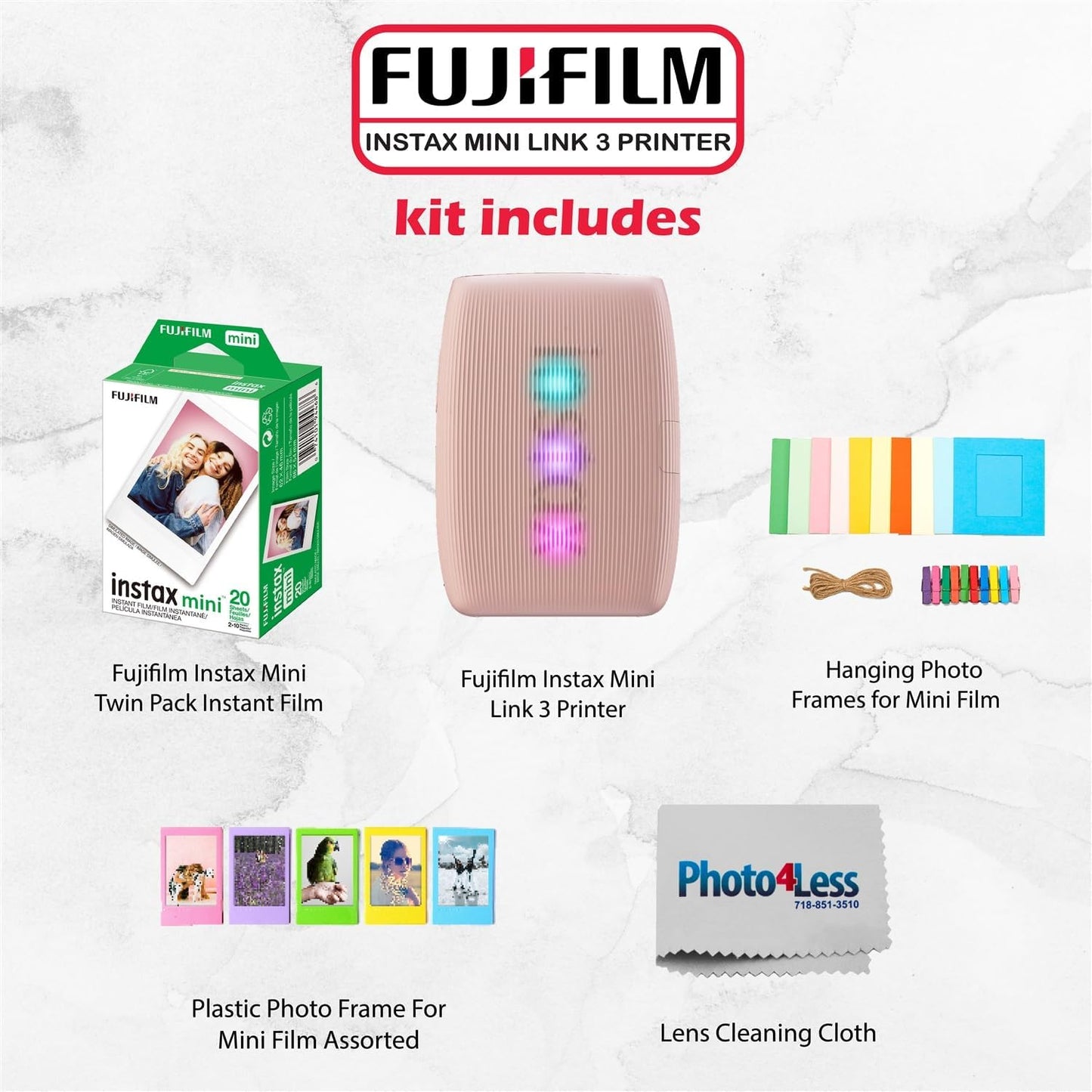 Fujifilm Instax Mini Link 3 Smartphone Printer Bundle Pink