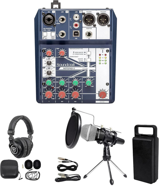 Soundcraft Notepad-5 Podcast Mixer Bundle - Mic, Headphones, Stand