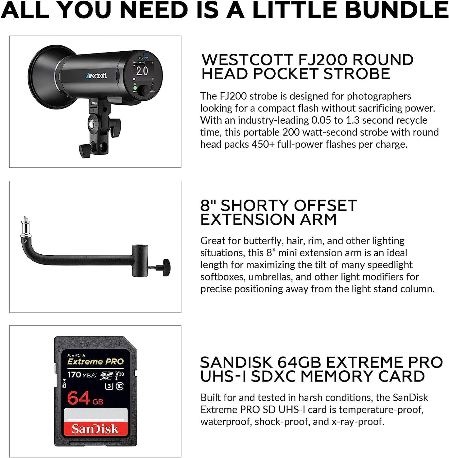 Westcott FJ200 200W Strobe Kit with Arm & SD Card