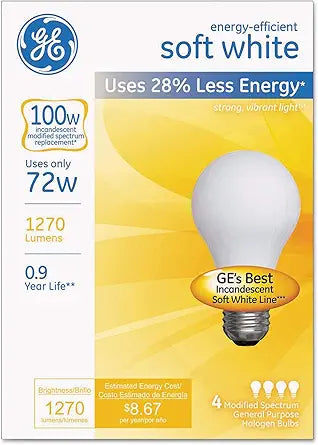 GE A-Line Halogen Light Bulb, Soft White, 72-Watts, 4-Pk