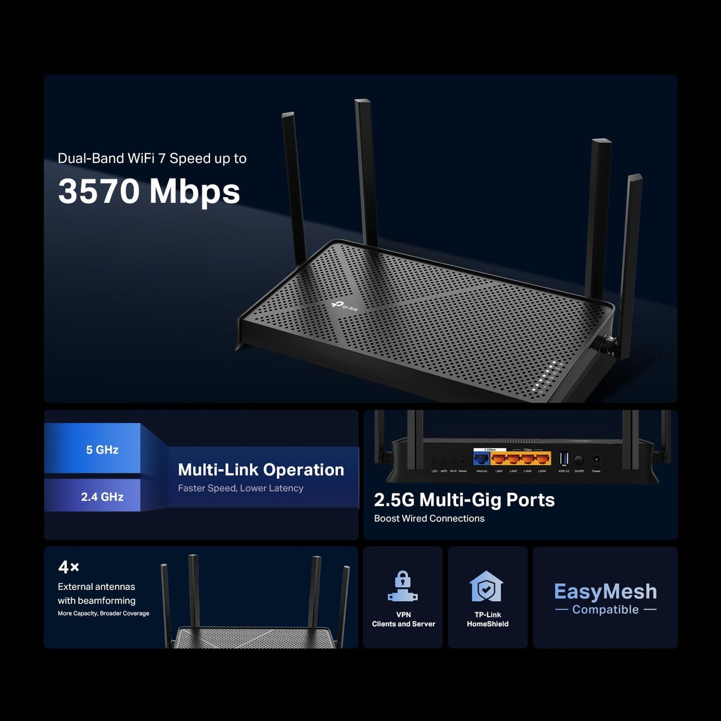 TP-Link Archer BE230 BE3600 Wi-Fi 7 Router