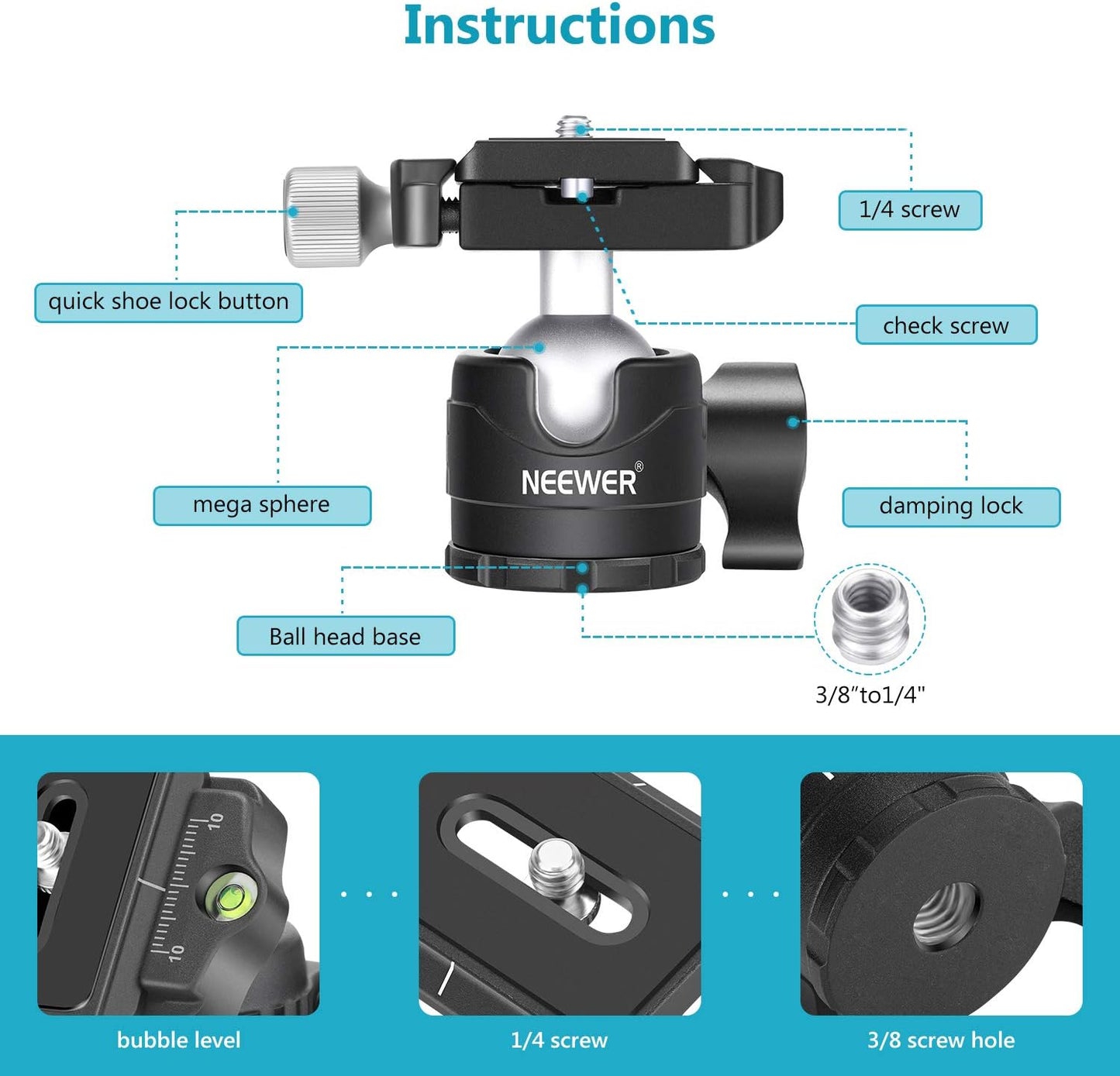 Neewer 28mm Low Profile Tripod Ball Head 360°