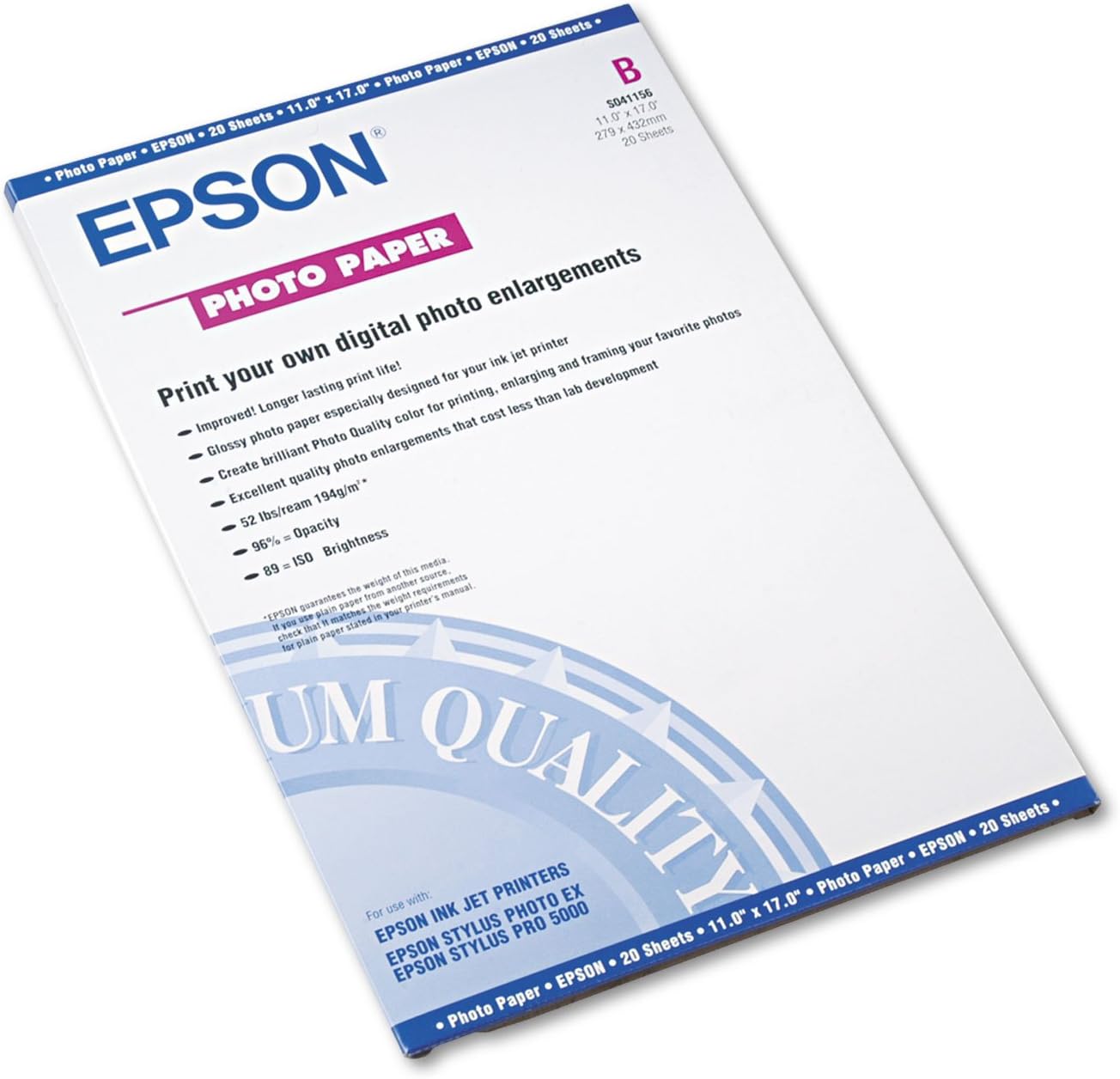 Epson S041156 11x17 Glossy Photo Paper 20 Sheets