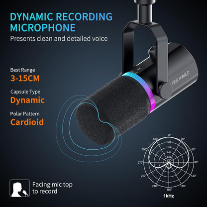 FEELWORLD PM1 XLR USB Dynamic Podcast Microphone with Boom Arm