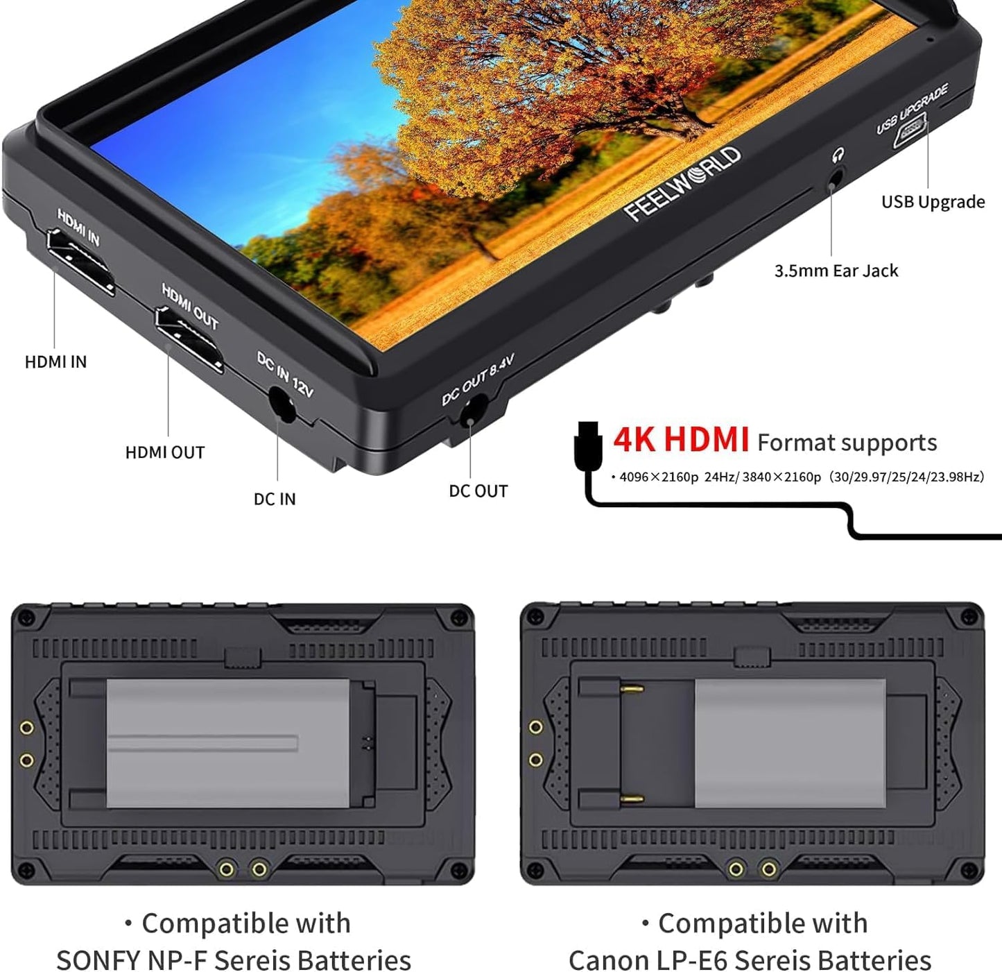 FEELWORLD F5 S55001 6" Camera Field Monitor 4K HDMI Bundle