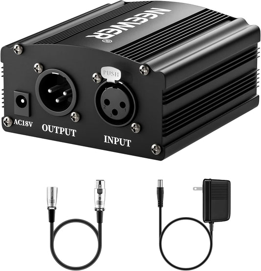 Neewer 40085860 48V Phantom Power Supply + XLR Cable for Condenser Microphones