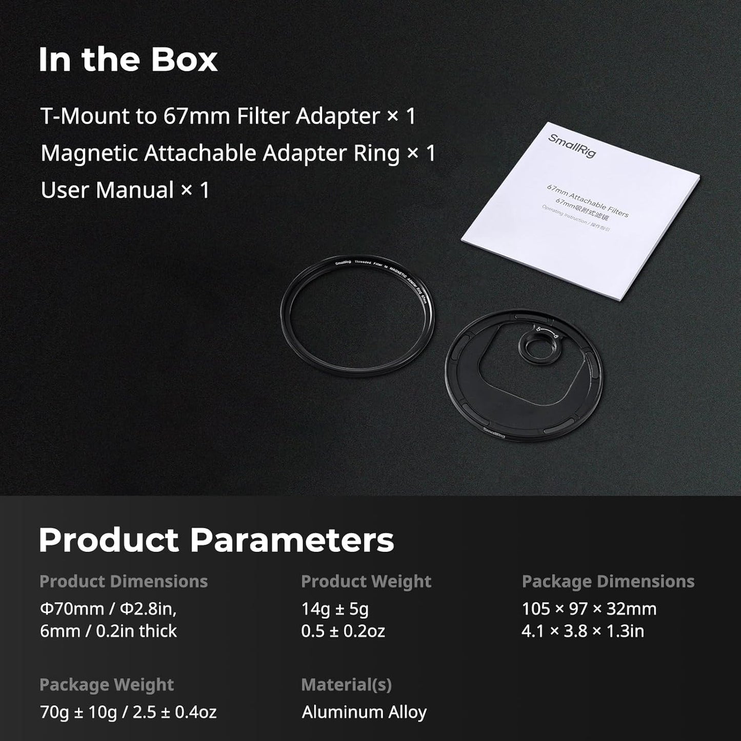 SmallRig KG035211 67mm Magnetic Filter Adapter T-Mount