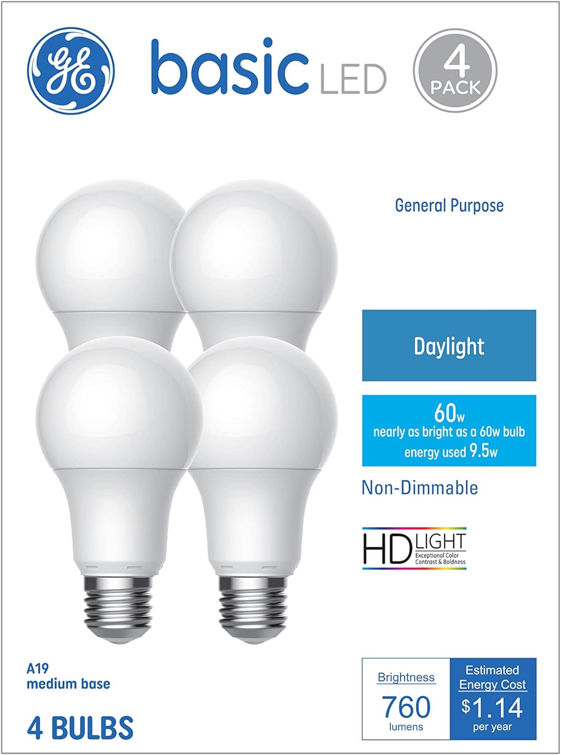 GE 37004 Basic LED Light Bulbs 60W Daylight 4-Pack