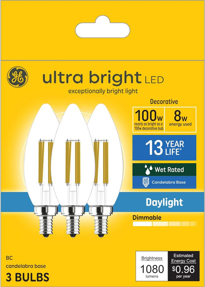 GE 93130047 100W Equivalent LED Daylight Candle Bulbs 3-Pack