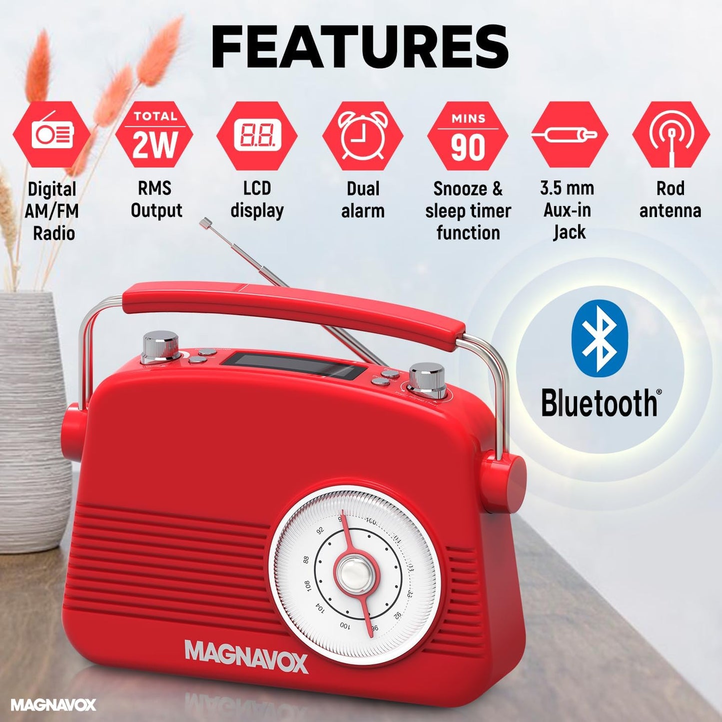 Magnavox 41818-RD Retro Bluetooth Dual Alarm Clock Radio