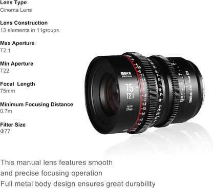 Meike 75mm T2.1 S35 Prime Cinema Lens EF Mount