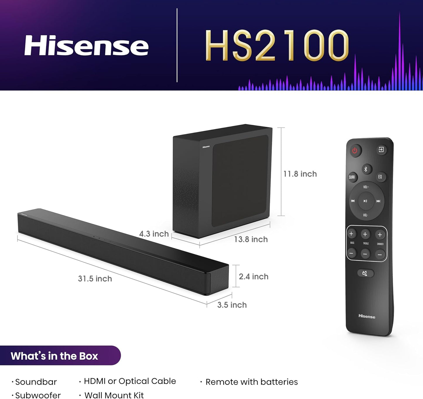 Hisense HS2100 2.1 Ch Sound Bar with Wireless Subwoofer
