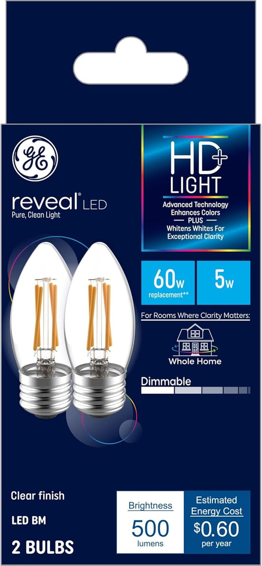 GE 31880 Reveal LED B11 Candle Bulbs 60W 2-Pack