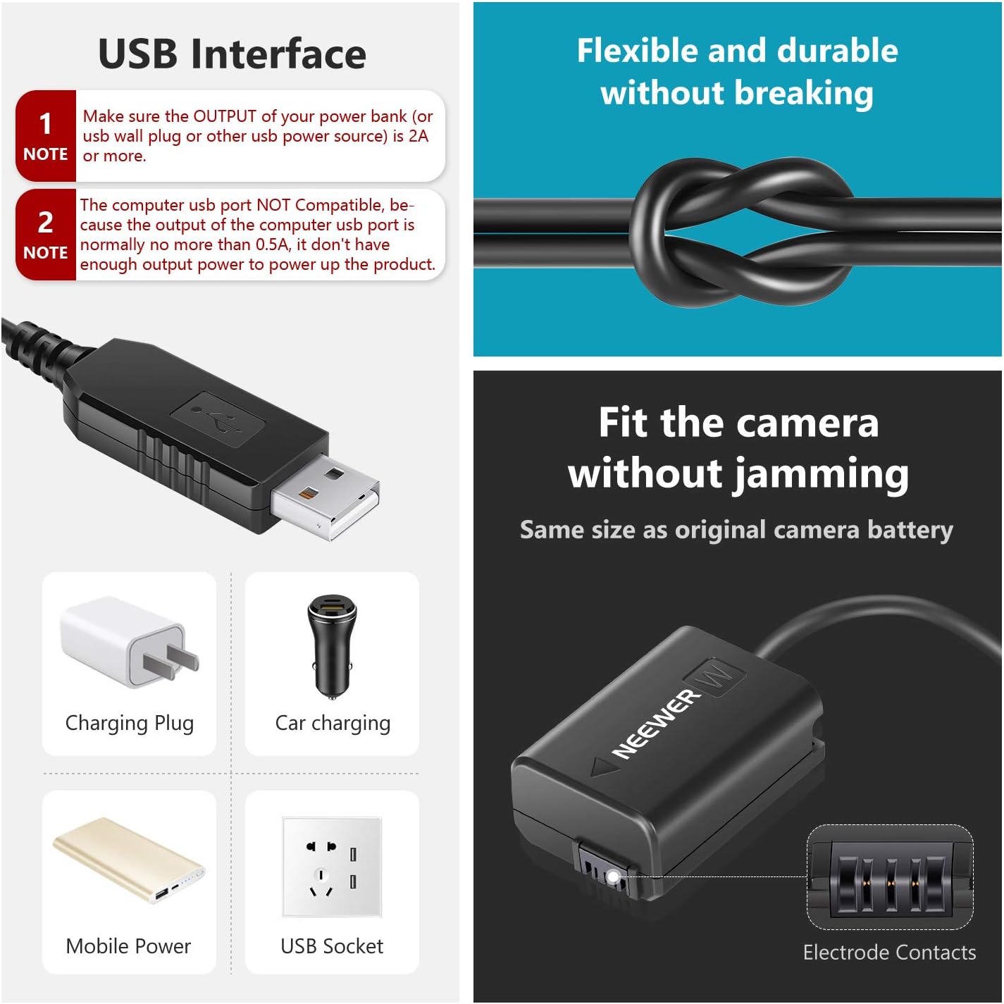 Neewer 10097839 NP-FW50 Dummy Battery USB Power Adapter
