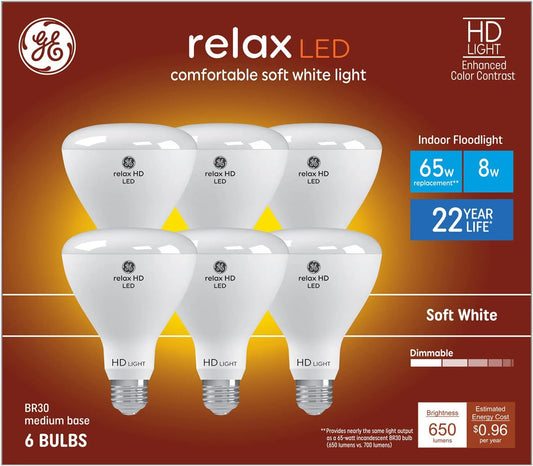 GE 93130640 Relax BR30 Dimmable LED Flood Light 6-Pack