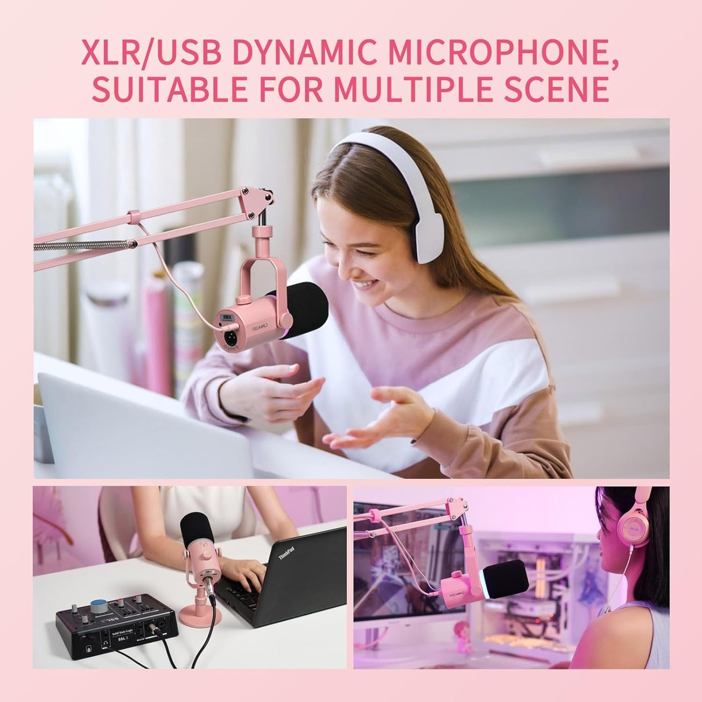 FEELWORLD PM1 Dynamic XLR USB Podcast Microphone Pink