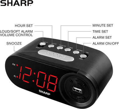 Sharp Digital Alarm Clock with 2 AMP USB Charger