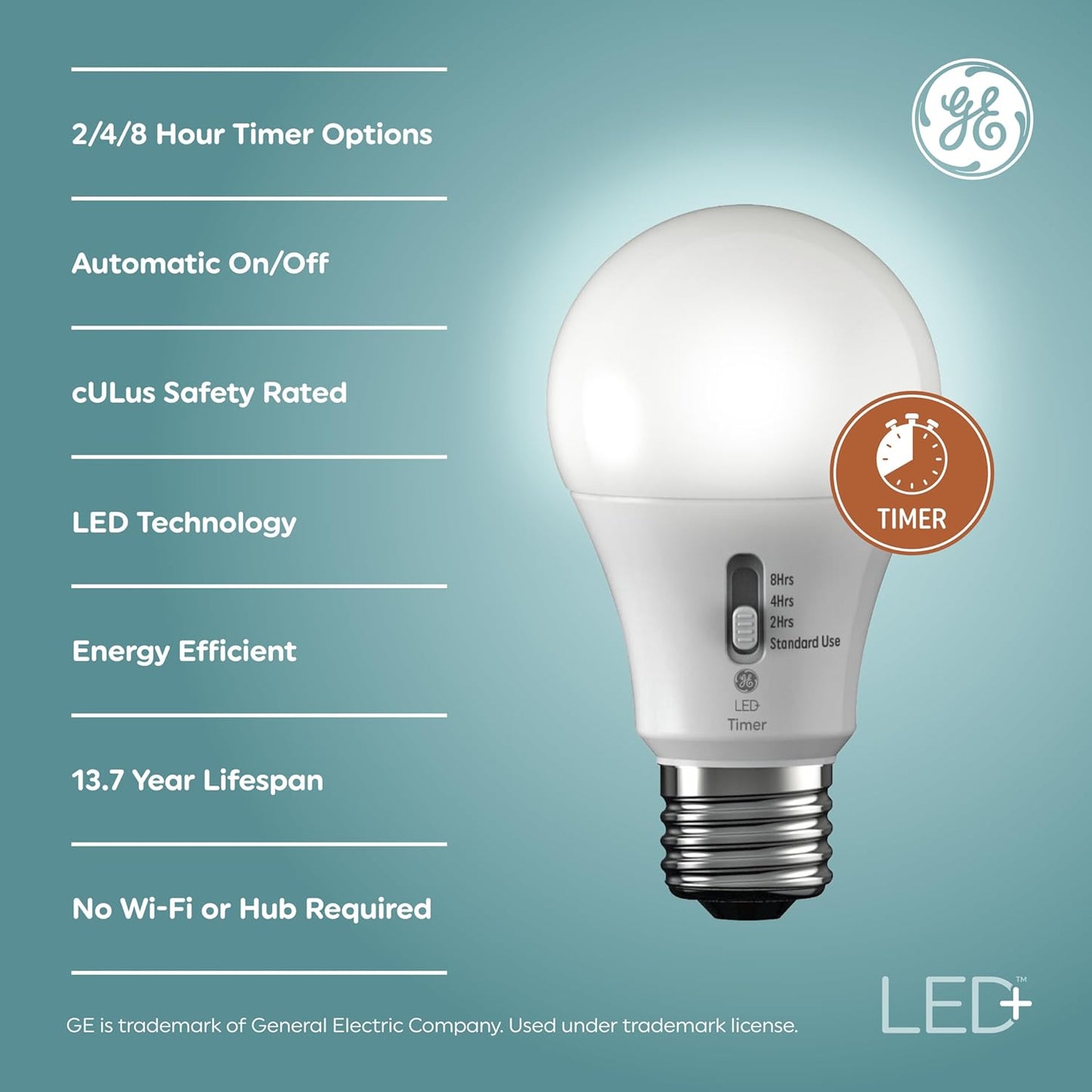 GE 10043168519950 LED+ Timer Light Bulbs - A19 Soft White (1 Pack)