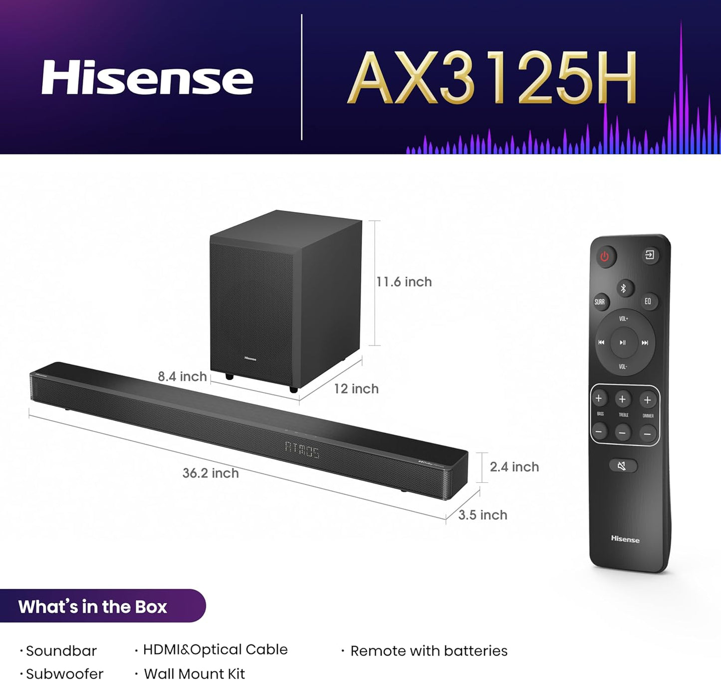 Hisense AX3125H 3.1.2Ch Dolby Atmos Sound Bar w/ Wireless Subwoofer