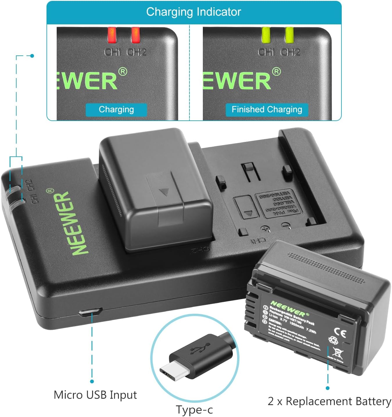 Neewer VW-VBT190 Battery & Dual USB Charger Kit