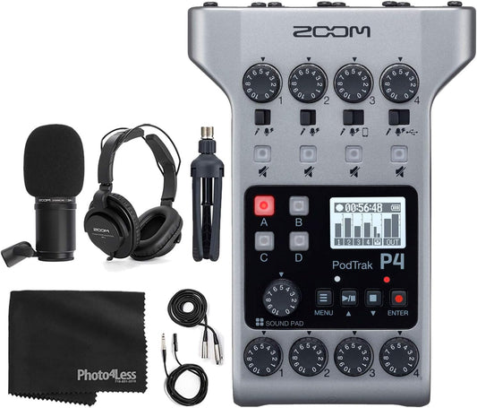 Zoom ZMP4K6 PodTrak P4 Podcast Recorder Mic Bundle