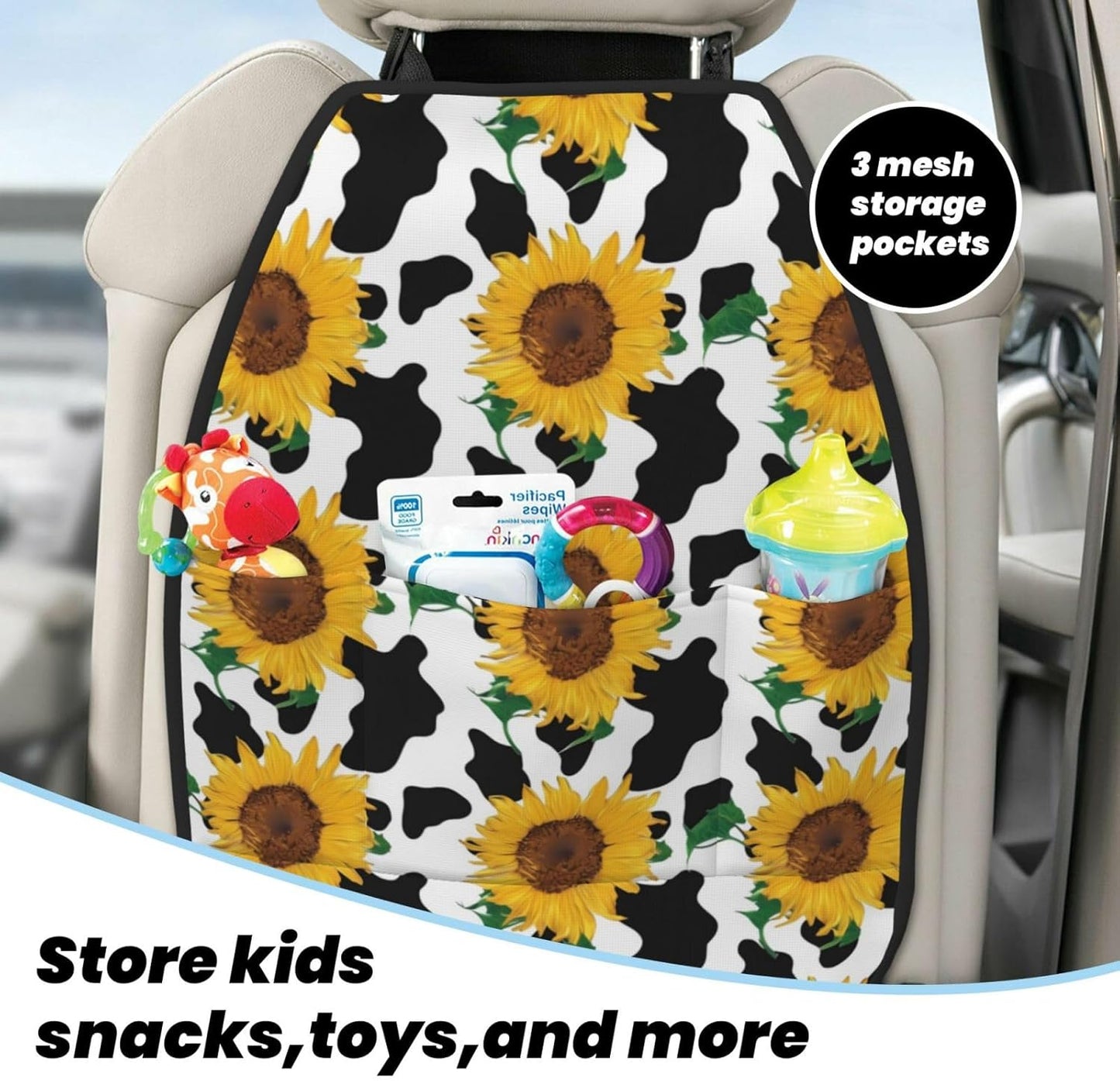 Novastar Car Seat Kick Mats with Organizer Cow Print Sunflower